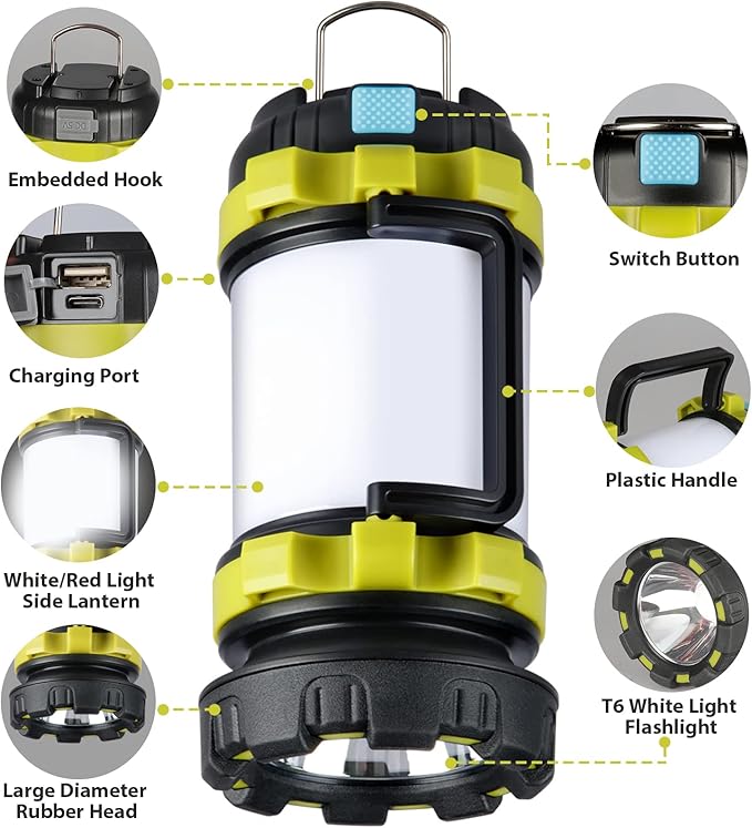 BOBKID 3 Pack Camping Lantern, Outdoor LED Camping Light, Rechargeable Flashlights with 1000LM, 6 Modes, IPX5 Waterproof Portable Emergency Camp Light for Hurricane Survival - Green