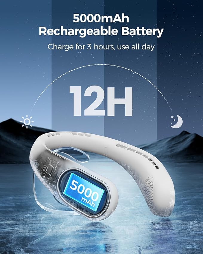 SHEWIND Portable Neck Fan - 5000mAh Rechargeable Hands-Free Wearable Fan | 4 Speeds, Bladeless & LED Display | Personal Cooling Fan for Travel, Outdoors, Camping - White