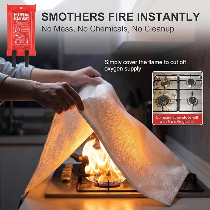 RAINFLOW 40inch Fire Blanket - Emergency Blanket for Home and Kitchen Fiberglass Fire Blanket for Home Office Car Warehouse Grill Camping Essentials Survival Safety