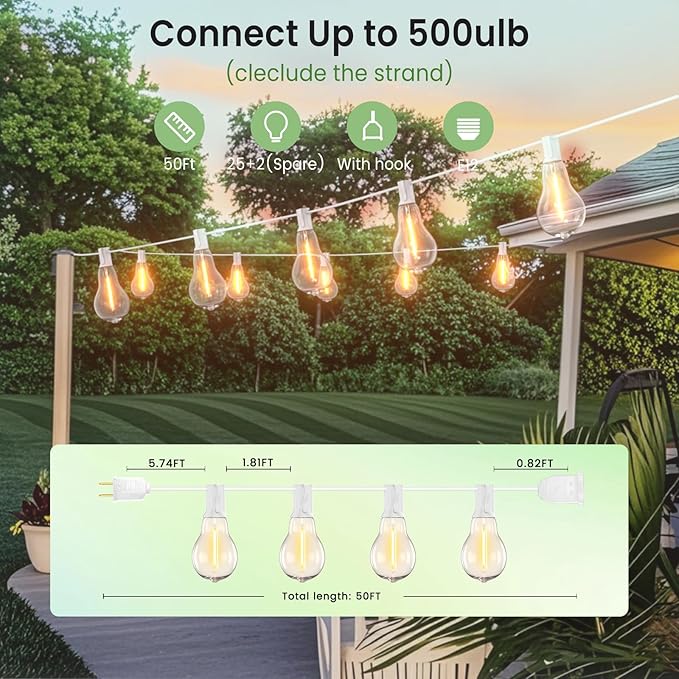 Outdoor String Lights LED String Lights for Outside with 27 Shatterproof Bulbs (2 Spare), 50FT Porch White Hanging String Light for Balcony Pergola Gazebo Patio Decor White Cord