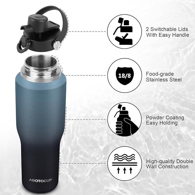 ABOTOCUP 32oz Insulated Water Bottle Keep Cold 24h&Hot 12h, Double Wall Vacuum Insulated Water Bottles with Straw/Spout Lid, Stainless Steel Water Bottles that Fit in Any Car Cup Holder, Leak-proof
