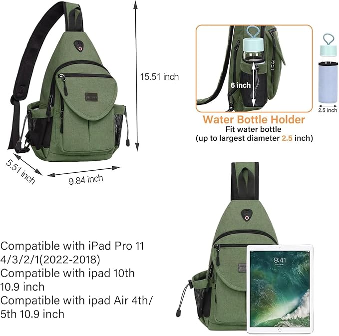 MOSISO Sling Backpack,Canvas Crossbody Hiking Daypack Bag with Anti-theft Pocket, Army Green