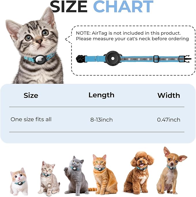 Breakaway AirTag Cat Collar, Reflective Cat Tracker Collar with Air Tag Holder and Bell, Safety Elastic Band Cat GPS Collars for Girl Boy Cats, Kittens and Puppies (Blue, 8-13'')