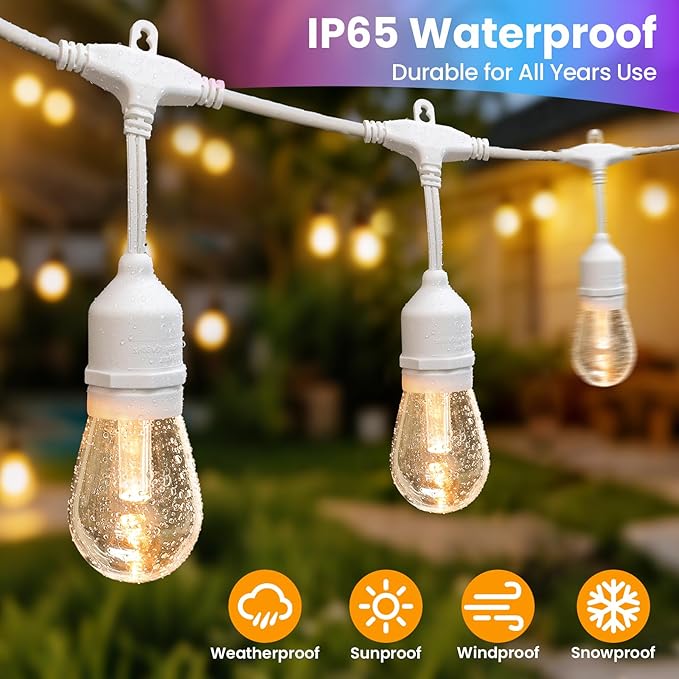 Larkvue 96FT(2X48FT) RGBW Outdoor String Lights with Remote, Patio Lights with 30+3 Vintage S14 Dimmable Waterproof Bulbs for Yard Party Decor, White