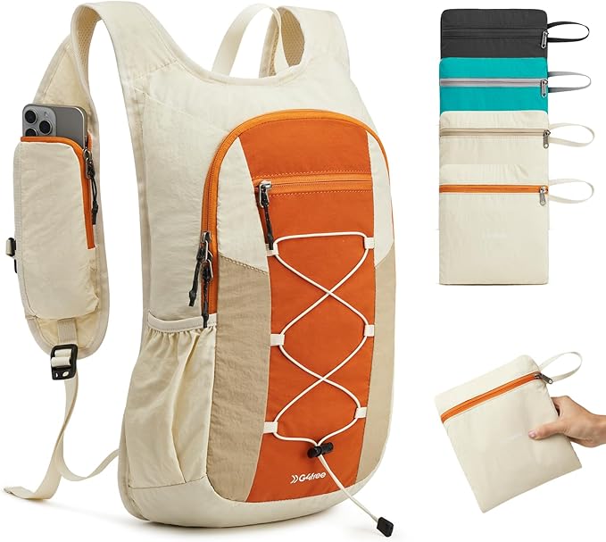 G4Free 20L Hiking Backpack Lightweight Daypack with Phone Pocket Small Packable Foldable Hiking Bag for Women Men, Orange+Beige