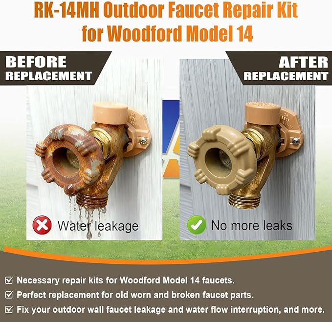 RK-14MH Outdoor Faucet Repair Kit for Woodford Model 14 Outside Faucets Parts Include Wheel Metal Handle Screws Packing Nut Washer Valve Seat Rubber, 7PCS Set