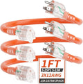 PlugSaf 1FT (3 Pack) 12/3 Gauge Short Outdoor Extension Cord with Lighted Indicator,3 Prong Heavy Duty Extension Cable with 3 Prong Grounded Plug for Safety,Orange ETL Listed