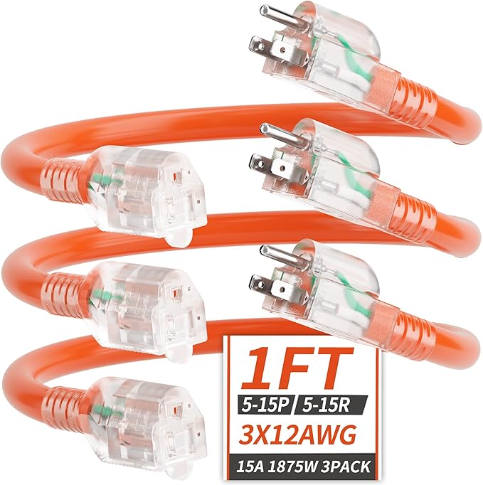 PlugSaf 1FT (3 Pack) 12/3 Gauge Short Outdoor Extension Cord with Lighted Indicator,3 Prong Heavy Duty Extension Cable with 3 Prong Grounded Plug for Safety,Orange ETL Listed