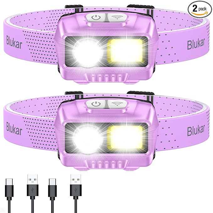Blukar LED Headlamp,2000L Super Bright Rechargeable Headlight Flashlight with White&Red Light 2 Pack - Motion Sensor,Dimmable Brightness,8 Modes,Spotlight&Floodlight,IPX5 Waterproof for Camping-Purple