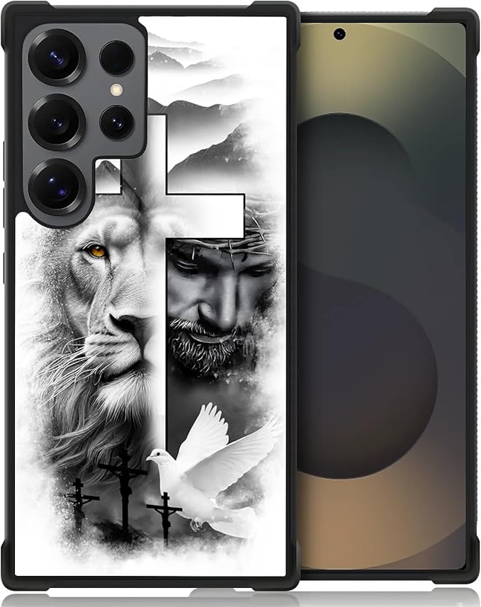 for Samsung Galaxy S25 Ultra Case,Graphic Design for Girl Boy Soft Silicone Hard Acrylic Shock Protection Designed for Samsung Galaxy S25 Ultra Lion Cross Jesus Christ Dove Pattern