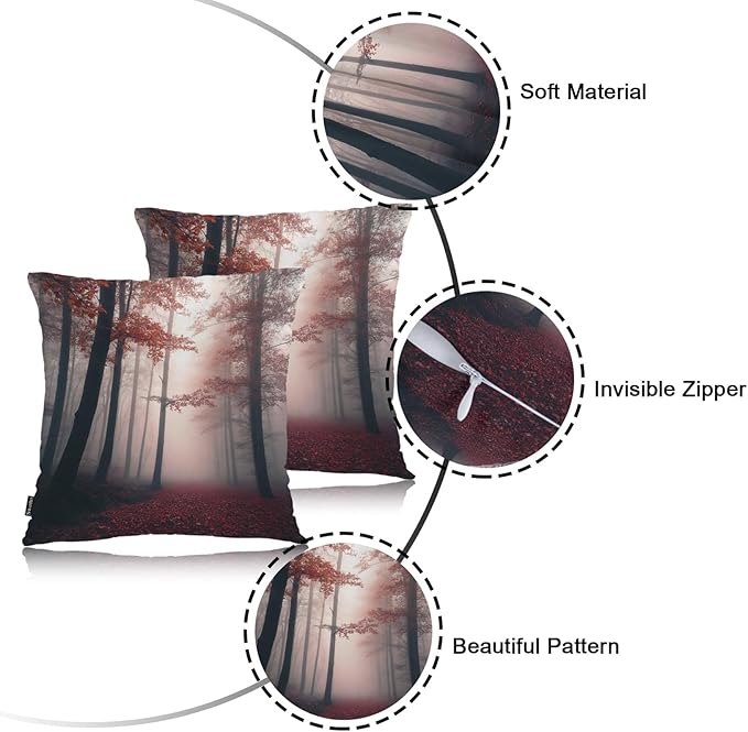 Swono Foggy Forest Throw Pillow Cases Pack of 2, Misty Autumn Tree Woods Landscape Square Cushion Covers Decor Pillow Covers for Couch Sofa Home Farmhouse Decoration 18 X 18 Inches Pillowcases