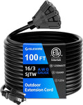 100 FT 3 Outlet Outdoor Extension Cord Waterproof, 16/3 SJTW Black Extension Cord with Multiple Outlets, Heavy Duty 16 Gauge 3-Prong Grounded Power Cable for Garden and Home Use, ETL Listed