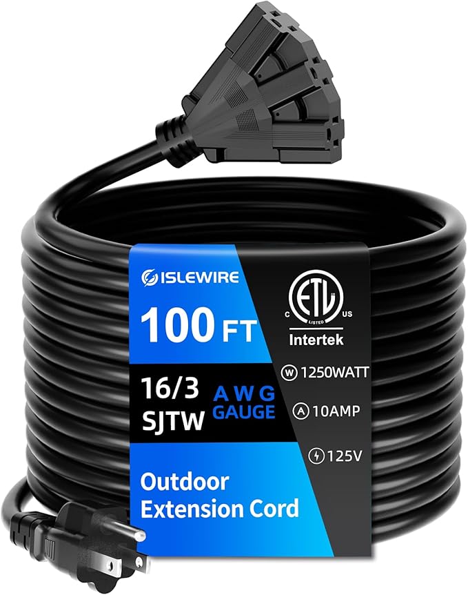 100 FT 3 Outlet Outdoor Extension Cord Waterproof, 16/3 SJTW Black Extension Cord with Multiple Outlets, Heavy Duty 16 Gauge 3-Prong Grounded Power Cable for Garden and Home Use, ETL Listed