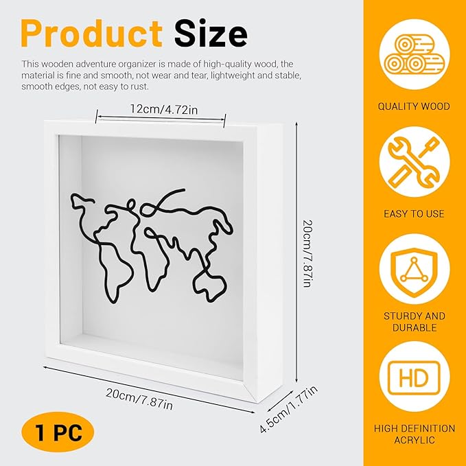 ASTIMESA 7.8" x 7.8" Adventure Archive Box Display Case, Transparent Travel Shadow Box Frame with Slot on Top, Map Travel Memories Holder for Keepsakes Gift Concert Ticket Photo (White)