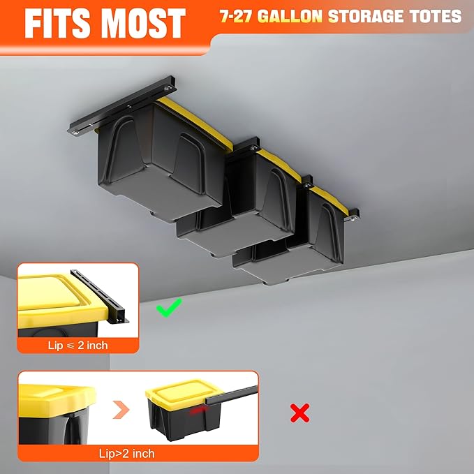 TORACK Garage Ceiling Bin Storage Rack, Overhead Tote Storage Rail System Heavy Duty Adjustable Tote Slide Rails(for 3 Bins, Bins are not included)