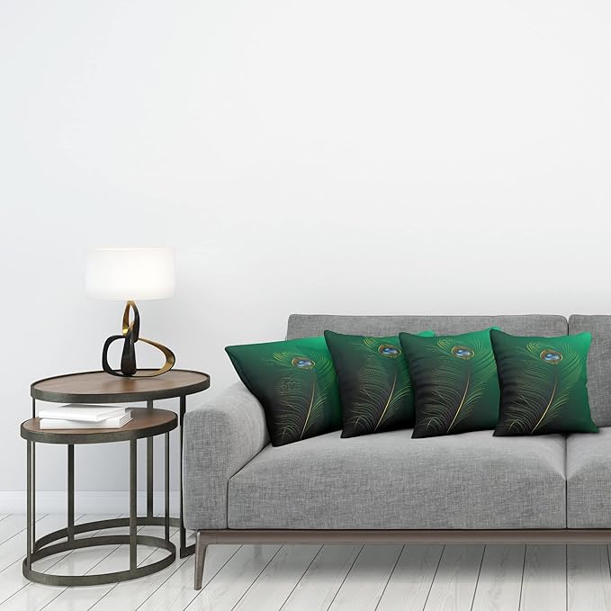Ambesonne Peacock Decorative Throw Pillow Case Pack of 4, Peacock Feather Illustration in Simplistic Style Wild Nature Life Print, Cushion Cover for Couch Living Room Car, 18", Green Blue