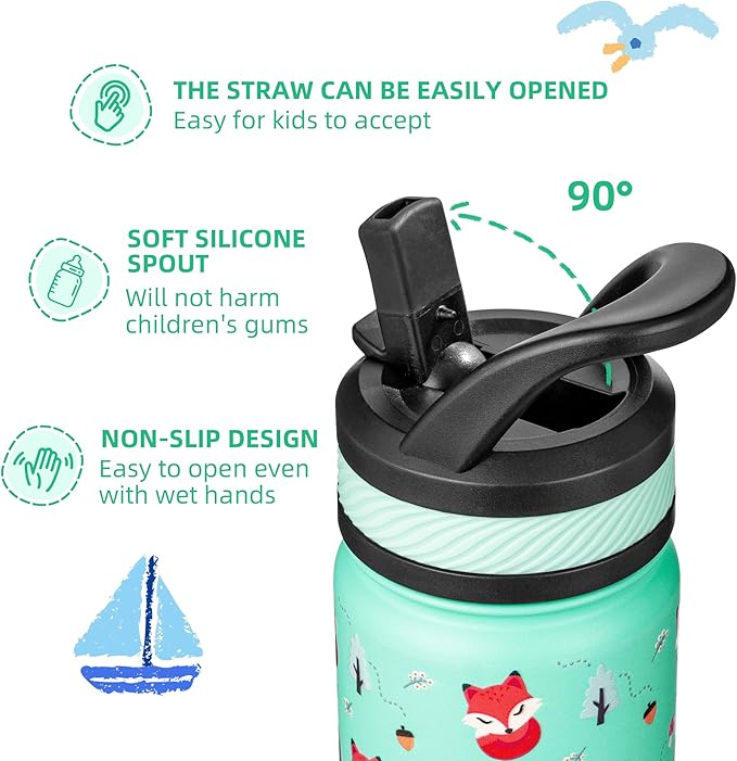 Fanhaw 18 Oz Kids Insulated Water Bottle with Straw - Stainless Steel Double Wall Vacuum Cup, Leakproof, BPA Free, Suitable for Boys and Girls(Green - Little Fox)