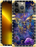 Compatible with iPhone 13 Pro Max Case, Glistening Golden Butterfly Vibrant Purple Blue Luxury Golden Decoration for Girl Women Soft TPU Shockproof Protective Hard PC Back