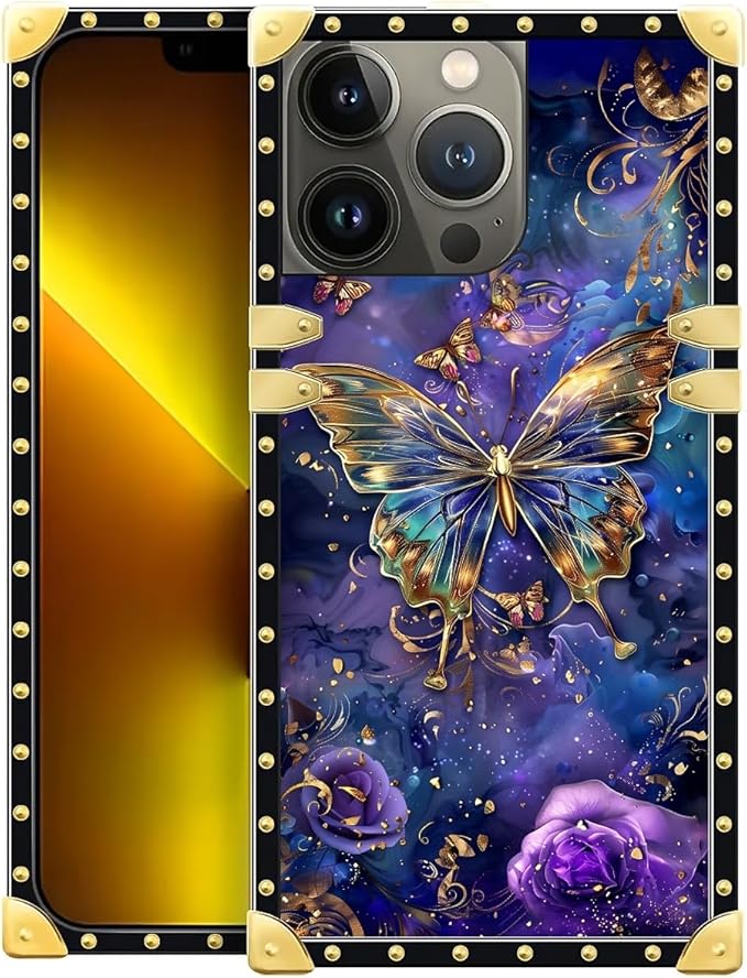 Compatible with iPhone 13 Pro Max Case, Glistening Golden Butterfly Vibrant Purple Blue Luxury Golden Decoration for Girl Women Soft TPU Shockproof Protective Hard PC Back