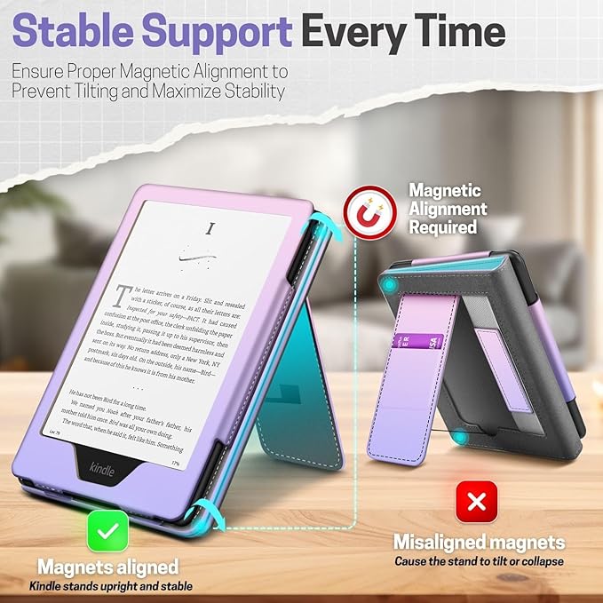 TNP Stand Case for Kindle Paperwhite 12th Generation 2024 / Kindle Colorsoft Signature Edition with Hand Strap & Card Slot - 7" PU Leather Protective Folio Cover with Auto Wake/Sleep, Pink Purple