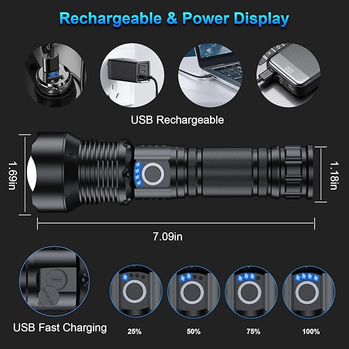 MILAOSHU Rechargeable Flashlights 90000 High Lumens - 2 Pack, Super Bright 12 Hours Long Life LED Flashlight with 5 Modes, High Powered Flash Light for Home, Outdoor