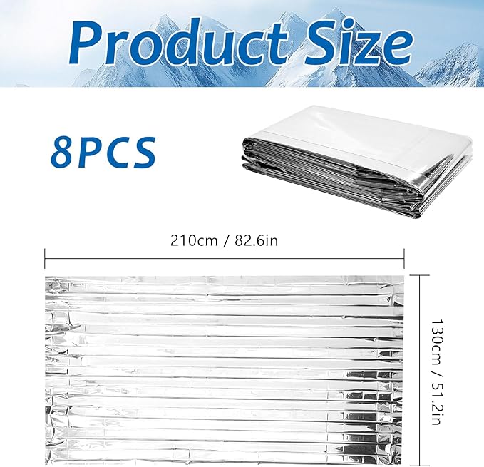 8 Pcs Emergency Mylar Thermal Blanket,High Reflectivity Survival Blanket,Reusable & Waterproof for Outdoor,Camping,Hiking,First Aid,Plant Growth,Garden Greenhouse (Silver)