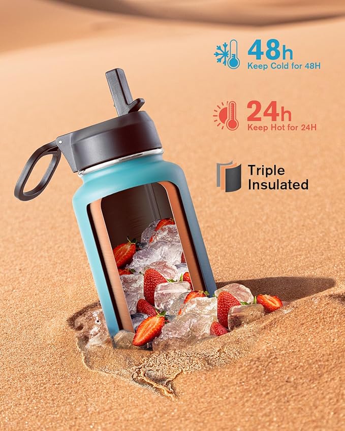 Coolflask Water Bottle 40 oz Insulated with Straw, Stainless Steel Metal 3 Lids Water Flask for Sports or Office, Keep Cold 48H Hot 24H, Indigo Blue