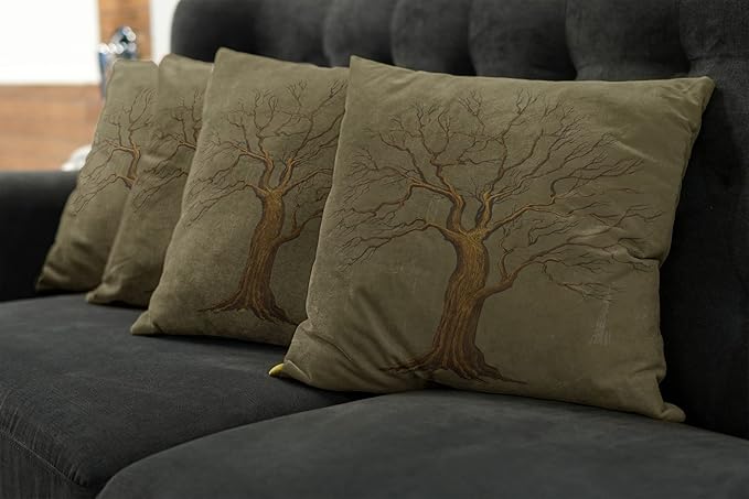 Ambesonne Tree Throw Pillow Cushion Case Pack of 4, Illustration of a Big Tree on Antique Old Paper Vintage Style Artwork Design Print, Modern Accent Double-Sided Digital Printing, 16", Pale Green