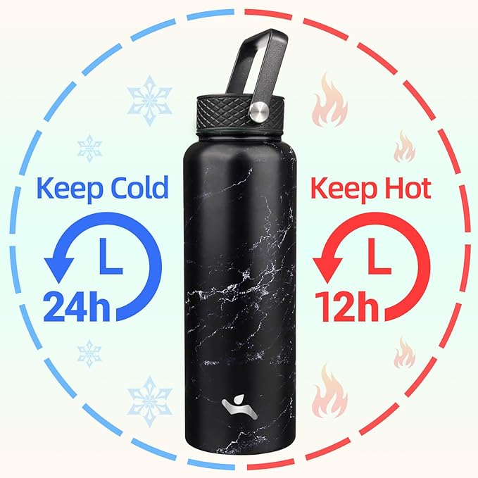 Konokyo 40oz Insulated Water Bottle Stainless Steel Sport Bottles with 3 Lids,Marble Midnight