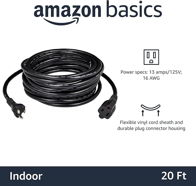Amazon Basics 3-Prong Extension Cord for Indoor Use, 13 Amps, 125V, 16 AWG, 20 Foot, Black, 2-Pack
