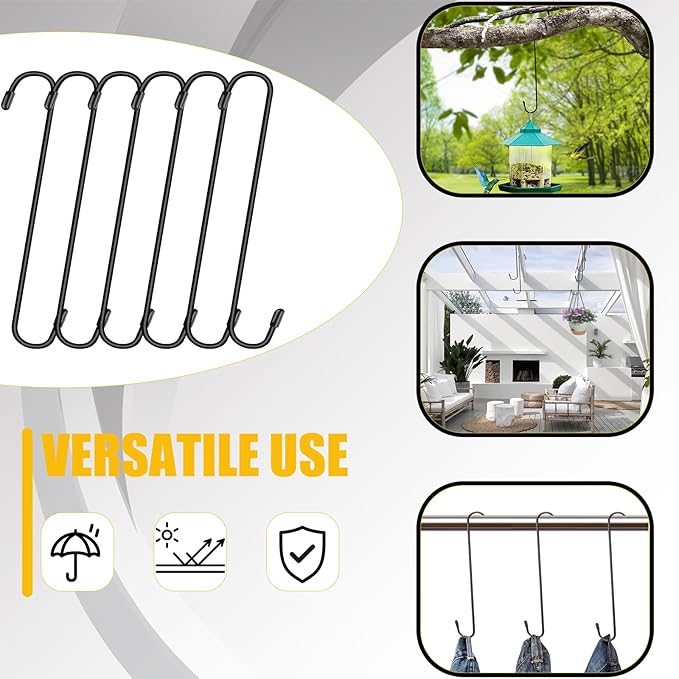 Dpyrrhic 6 Pack 12 Inch Large S Hooks for Hanging Plants,Black Extra Matel Heavy Duty Hook for Hang Brsket,Bird House,Clothes,Kitchenware