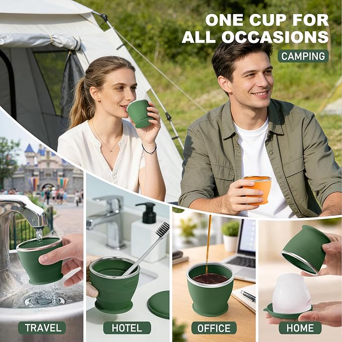 Collapsible Travel Cup, BPA-Free Reusable Water Cup, Lightweight Drinking Cups with Lids and Carrying Strap, Dishwasher Safe Silicone Cups for Camping, Travel, Airports, Hotel (6.7oz, Green)