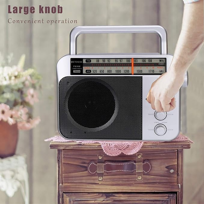 Retekess TR604 AM FM Radio Portable Transistor Analog Radio with 3.5mm Earphone Jack Battery Operated Boombox by 3 D Cell Batteries or AC Power (Silver, AM FM)