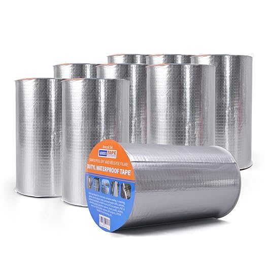 ADHES Butyl Tape Waterproof Tape Aluminum Foil Tape Sealan Tape,8in x 16ft for RV Repair, Window, Boat and Pipe Sealing, Glass & EDPM Rubber Roof Patching,9 Rolls(Model:RA100-1,Glue Color:White)