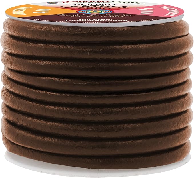 Mandala Crafts Round Genuine Dark Brown Leather Cord for Jewelry Making – 5mm Cowhide Leather Rope String Lace for Kumihimo – 4.4 Yards Cowhide Craft Cording Spool