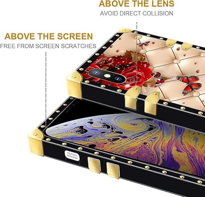 Compatible with iPhone XR Case, Shining Red Rose Butterfly Leather Background Luxury Golden Decoration for Girl Women Soft TPU Shockproof Protective Hard PC Back for iPhone XR