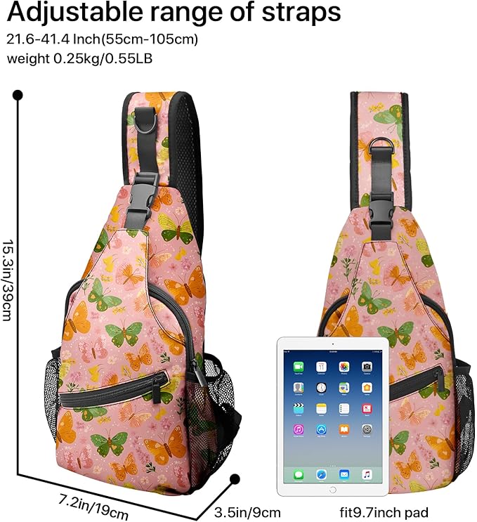 FyLybois Butterfly Sling Bag for Women Lightweight Crossbody Backpack Casual Daypack with Adjustable Strap for Travel Work Hiking Everyday Use