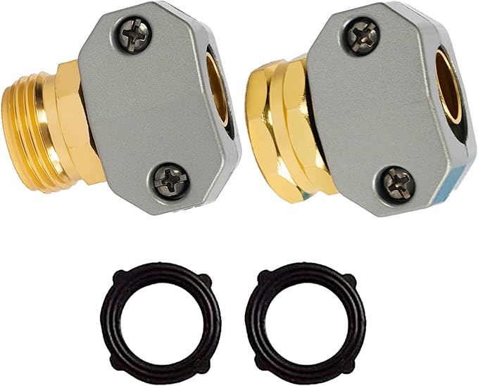 Hourleey Garden Hose Repair Kit - Aluminum Alloy End Mender, Male & Female Fittings, Fit 5/8" & 3/4" Hose, 2 Extra Washers
