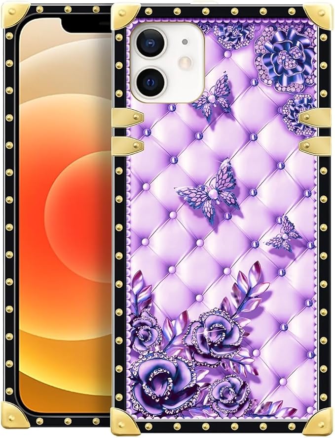 Compatible with iPhone 11 Case, Purple Butterfly Flowers Leaf Luxury Golden Decoration for Girl Women Soft TPU Shockproof Protective Hard PC Back for iPhone 11