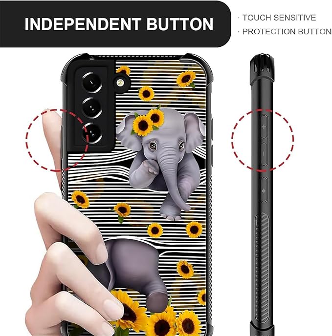 for Samsung Galaxy S22 Case, Cute Little Elephant Sunflower White Line Art Pattern Graphic Design Girl Boy Soft Silicone Hard Acrylic Shock Protection for Samsung Galaxy S22