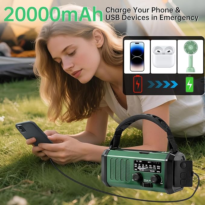 Emergency Radio Hand Crank Solar, AM/FM/NOAA Weather Radio Built-in 20000mah Battery Powered,Type-C Charger,Flashlight, Reading Light,SOS, Compact & Portable for Camping/Emergencies Green