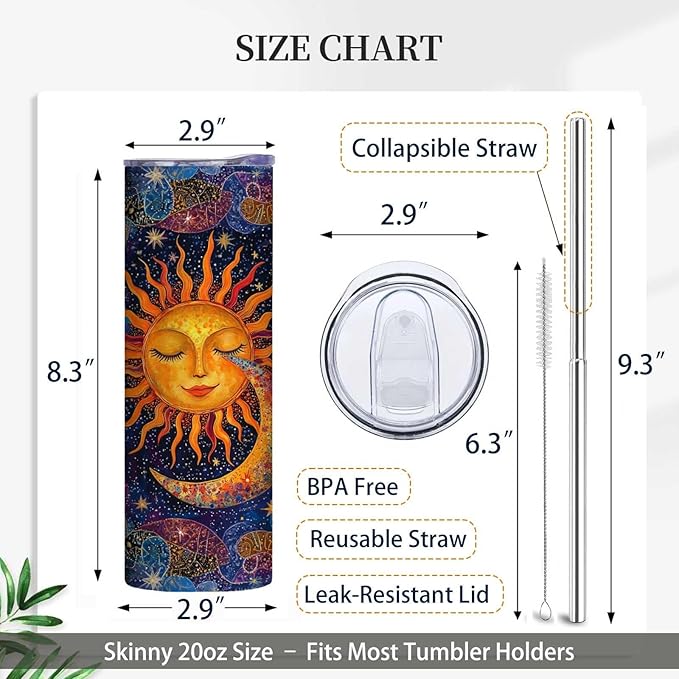 Firmiso 20 oz Tumbler | Skinny Insulated Travel Mug with Leak-proof Lid and Telescopic Straw | Sun and Moon Celestial Stainless Steel Coffee Cup | Christmas Gifts for Women and Men