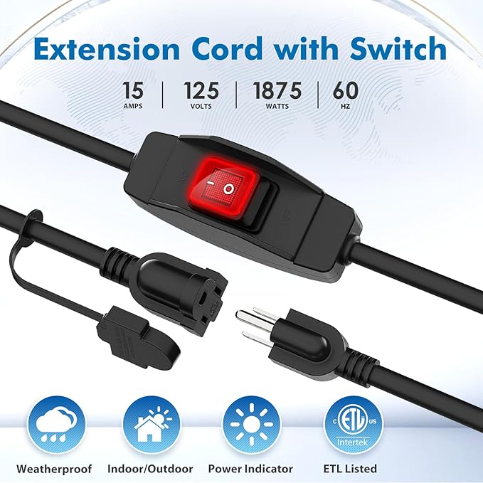 KASONIC 1.5 FT Extension Cord with Switch, 14/3 AWG Gauge 1875W/15A Grounded Outlets 3 Prong Plugs with Safety Cover, Heavy Duty Cable On/Off Waterproof Switch,ETL Listed
