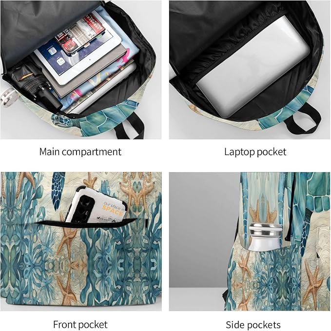 cfpolar 17 Inch Backpack Vintage Sea Turtle Starfish Laptop Bag Shoulder Bag School Bookbag Casual Daypack For Boys Girls