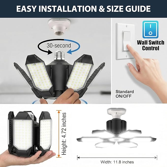 BRAINIAC 100W LED Garage Lights, 10000LM Ultra Bright Shop Light with 6+1 Adjustable Panels, 6500K Daylight E26/E27 Screw-in Deformable Ceiling Light Bulb for Workshop, Barn, Basement, Warehouse