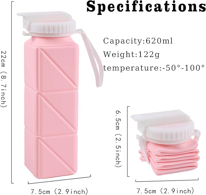EOBTAIN Pink Travel Collapsible Water Bottle with Straw 20oz BPA Free Portable Silicone Foldable Water Bottles Cups,Lightweight Durable Sports Water Bottles for Hiking,Camping,Gym