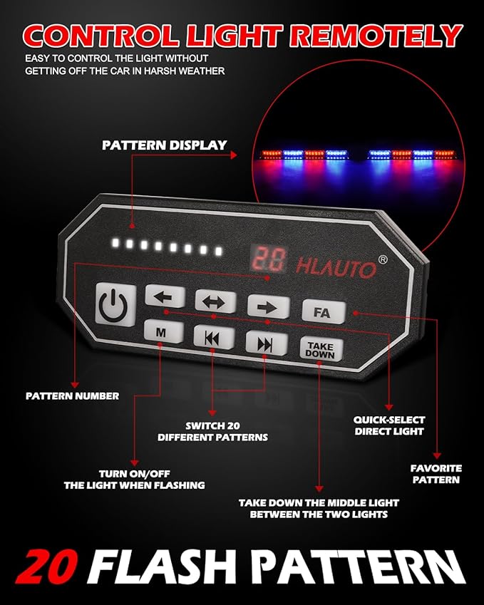HLauto 604N Emergency Dash Strobe Lights: 2x16.8 inch Red Blue Security Light w/Take Down, 48 LED Safety Flashing Warning Hazard Interior Windshield Light Bar for Trucks Vehicles