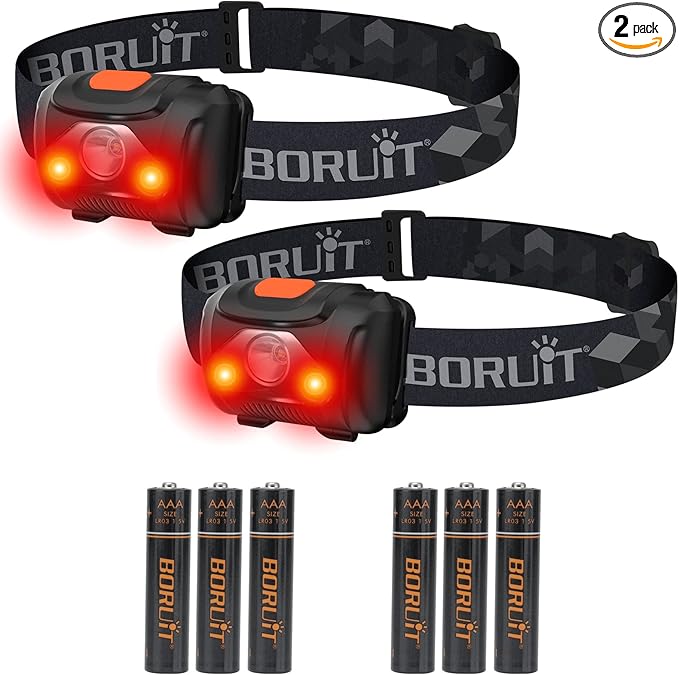 BORUIT LED Headlamp Red White Light Head Lamp [2-Pack] AAA Battery Super Bright Headlight 4 Mode Head Flashlight for Kids Adult Camping Running Hunting Fishing Gear