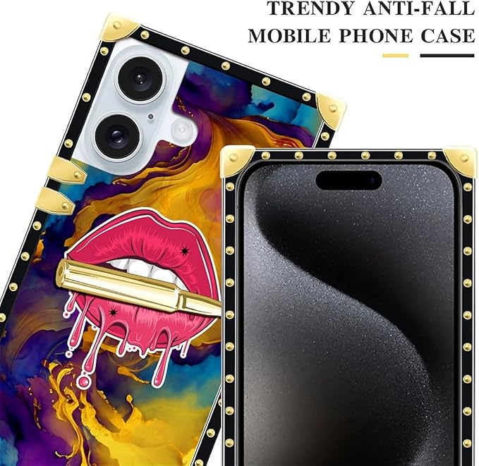 Compatible with iPhone 16 Case, Cool Corlorful Lip Marble Luxury Golden Decoration for Girl Women Soft TPU Shockproof Protective Hard PC Back for iPhone 16