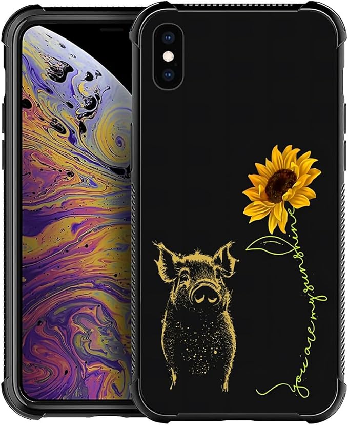 for iPhone Xs Max Case, Pig Sunflower Yellow Sunshine Pattern Graphic Design Girl Boy Soft Silicone Hard Acrylic Shock Protection for iPhone Xs Max